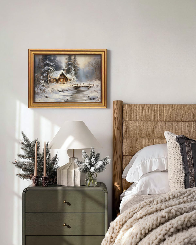 Winter Cabin Wall Art Snowy Forest Landscape Painting 12x16 Inch