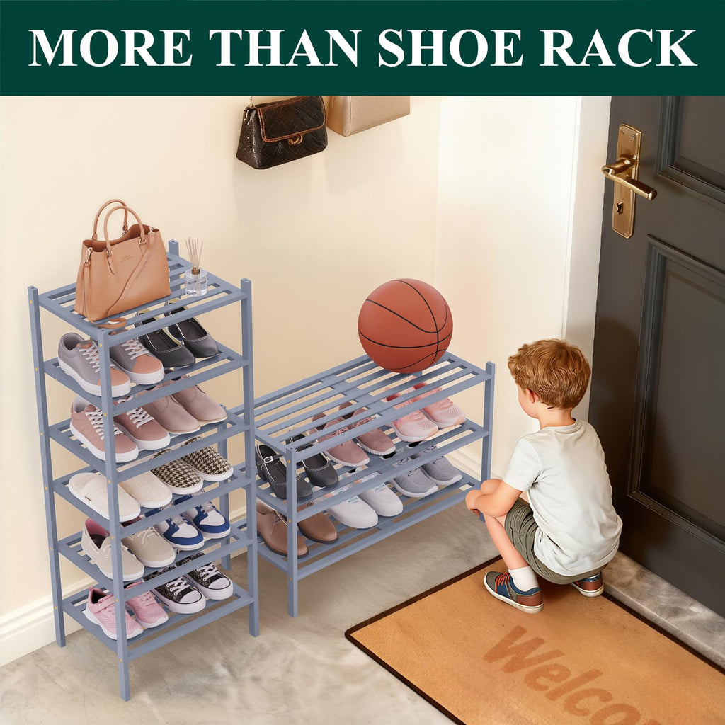 Bamboo Shoe Rack, 5 Horizontal Slats, 4 Tier - 17.3" Wide, Grey