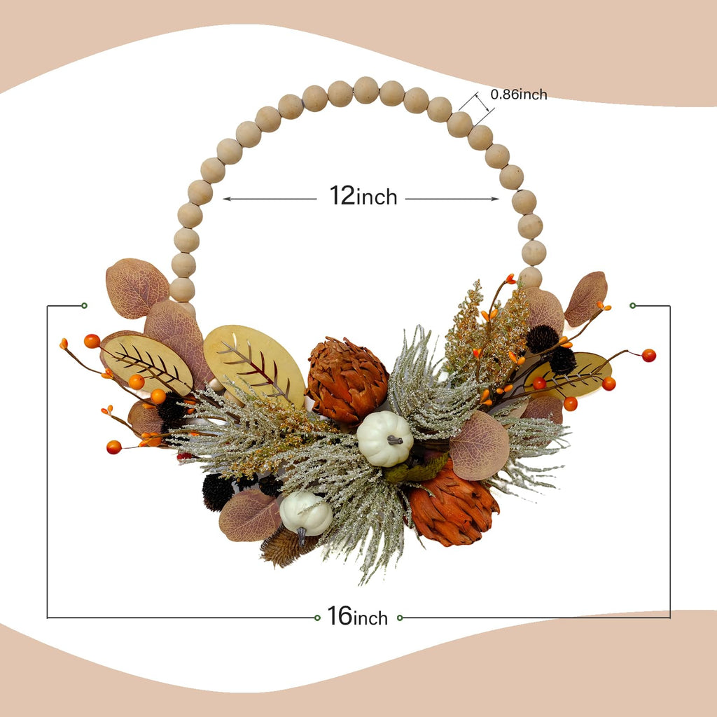 16" Artificial Fall Wooden Beads Wreath with Leaves, Chrysanthemums & Mini Pumpkins - Handcrafted Harvest Decor for