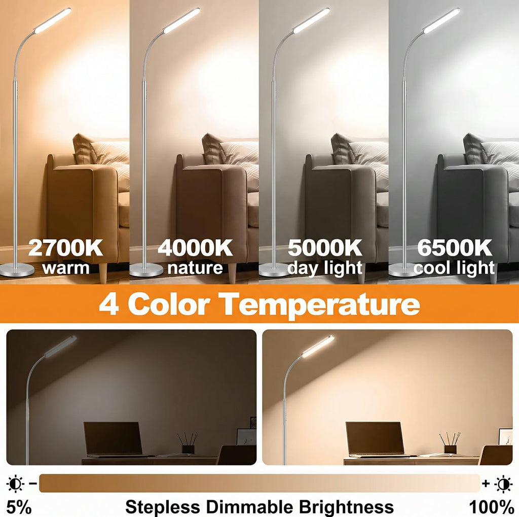 Silver Modern Floor Lamp, 18W 1800LM Bright LED, Touch Control & Memory Function, Dimmable Timing Eye-Caring Lamp