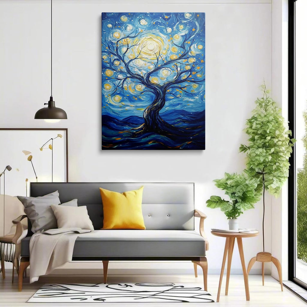 Framed Van Gogh Canvas Wall Art Set, Colorful Abstract Tree of Life & Starry Night Paintings, Boho Wall Decor, Blue