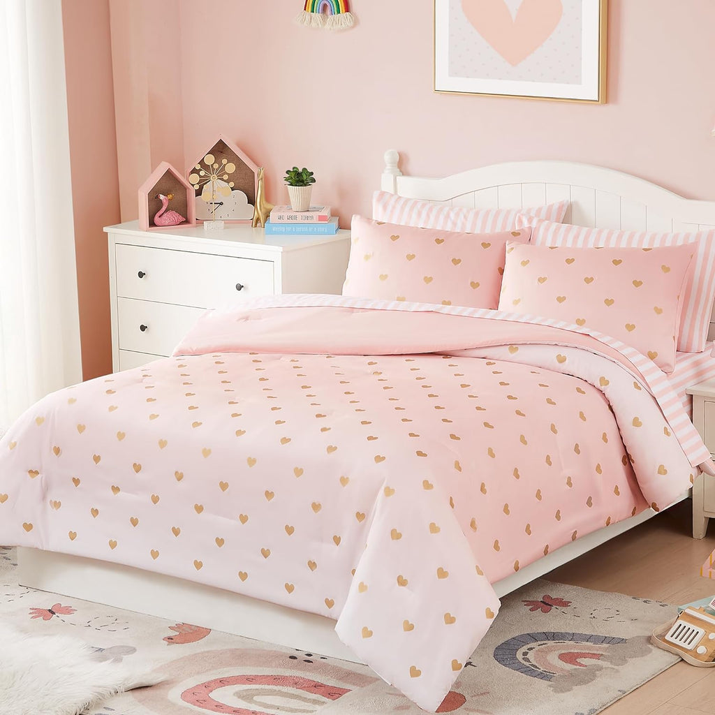 Twin Comforter Set with Sheets for Girls-5 Pieces Twin Bedding Sets with Pink White Gradient Ombre Comforter, Sheets