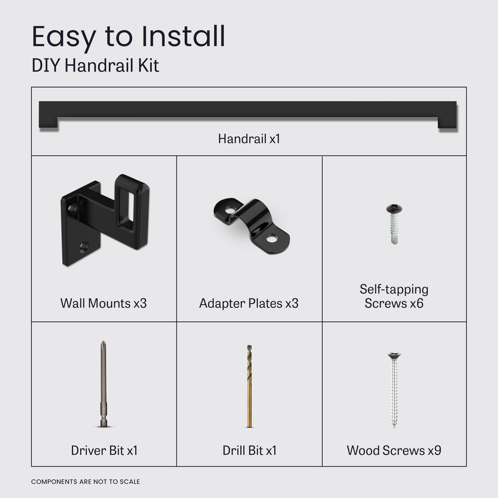 Modern Aluminum Handrail Complete DIY Kit - Matte Black with Adjustable Wall Mount Brackets Included (7' Length)