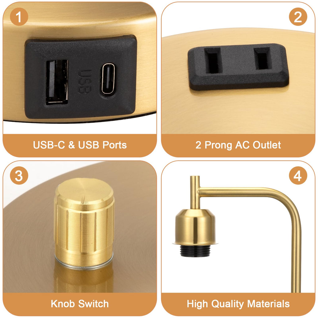 Gold Lamp - Industrial Bedside Table Lamp with USB Port and Outlet, Fully Dimmable Nightstand Lamp with Opal Glass
