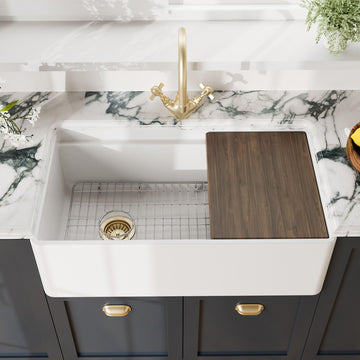 White Kitchen Sink 33 inch Single Bowl Apron Front Farmhouse Sink with Ledge, Grid and Cutting Board, Fireclay