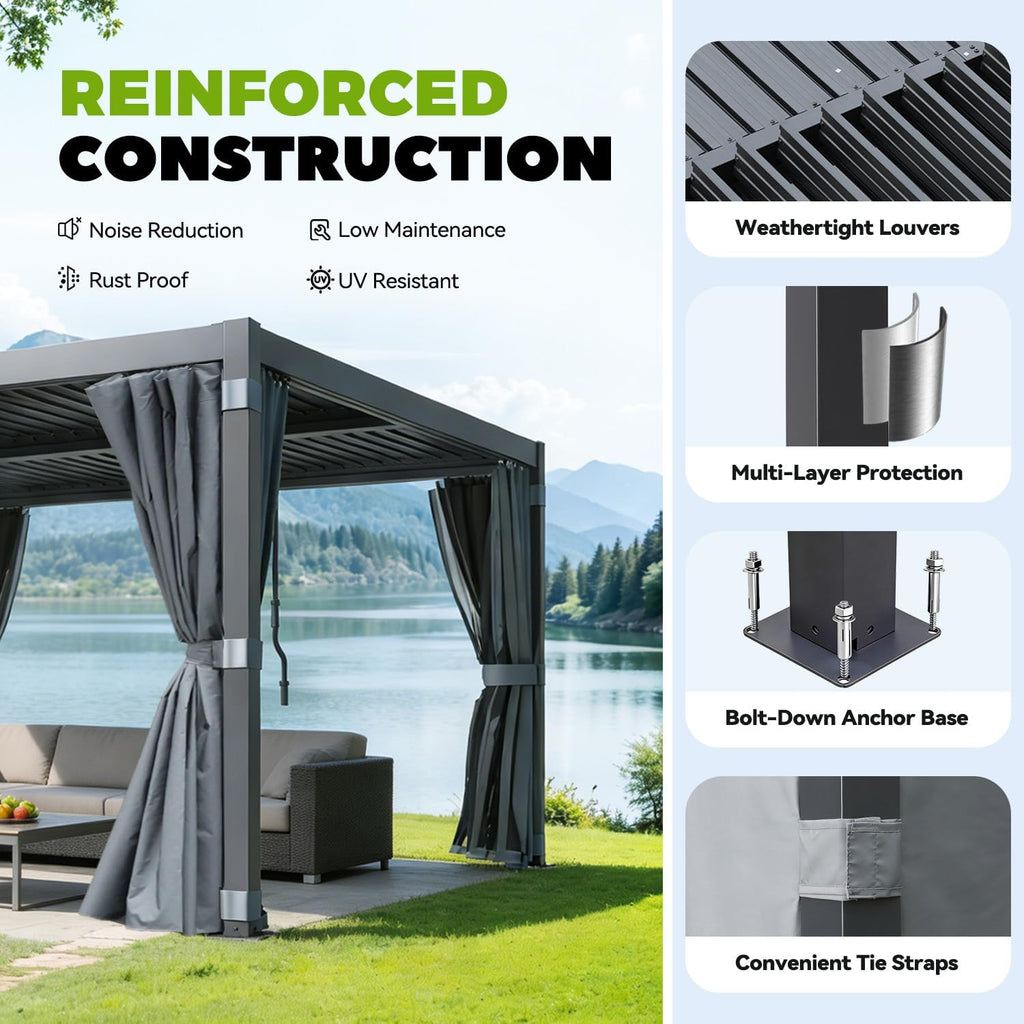 Louvered Pergola 10x12, Outdoor Rustproof Shelter with Adjustable Roof