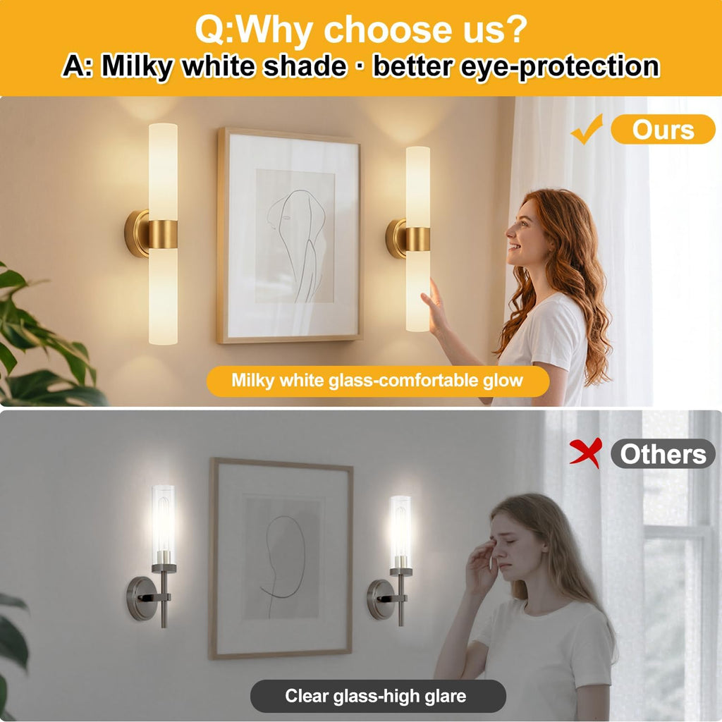 Hardwired Wall Sconces Set of Two, Modern Bathroom Sconces Wall Lighting with Milky White Glass, Brushed Gold Sconces