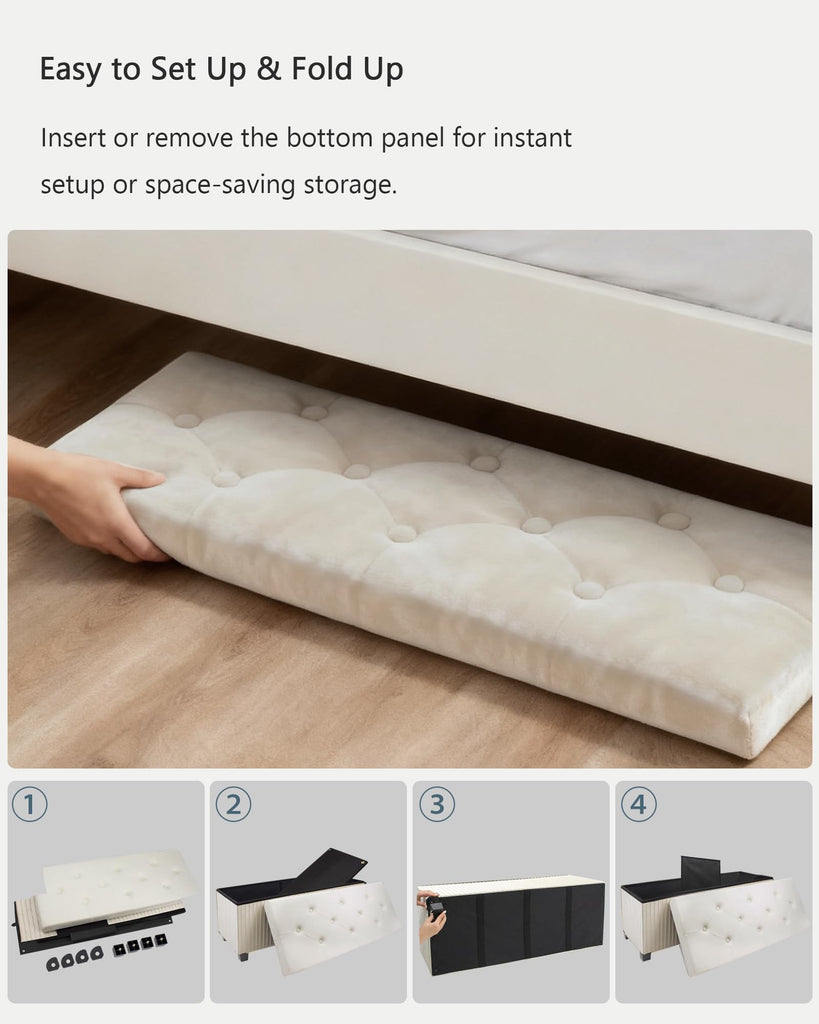 43 Inches Storage Ottoman Bench, Velvet Foot Rest Stool, Beige