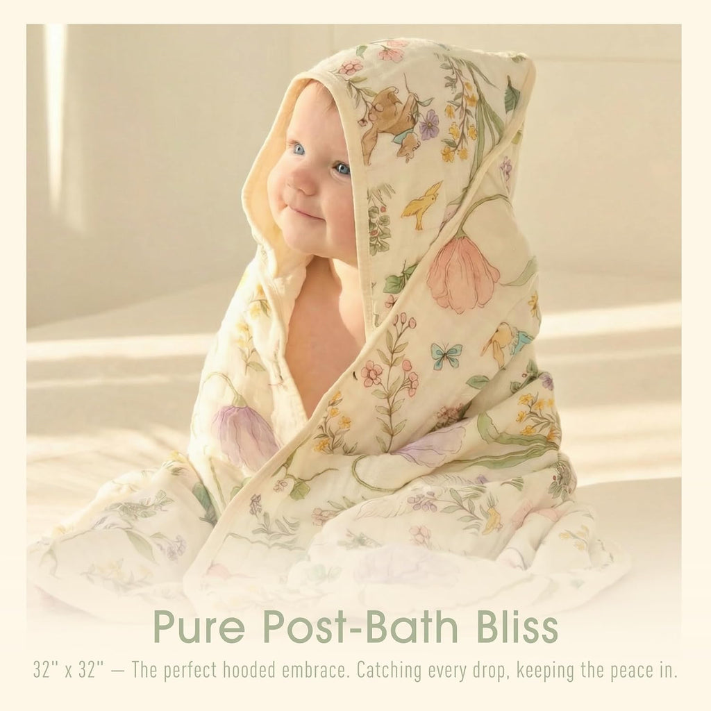 Muslin Baby Beach Bath Towel Hooded Organic Cotton Blend (Garden)