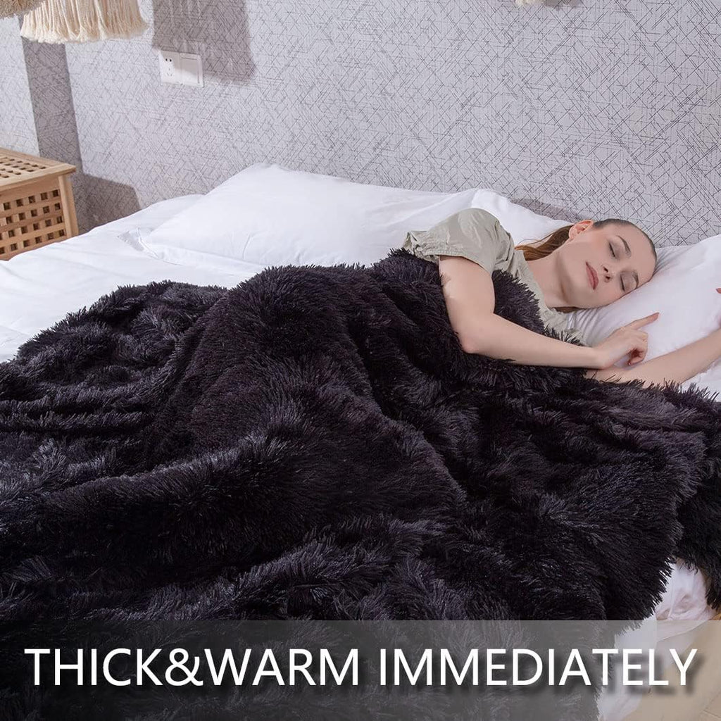 Long Faux Fur Throw Blanket,2 Layers,2.1lb,All Ages,Home Decoration, (Black,50" x 60")