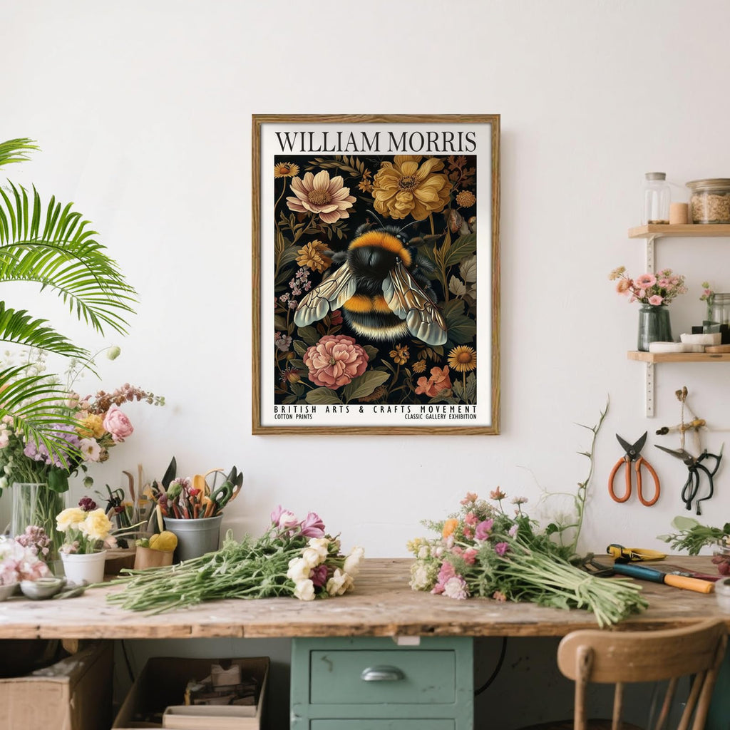 Framed William Morris Style Bee and Floral Wall Art Vintage Insect Print with Wooden Frame Gallery Paniting Poster