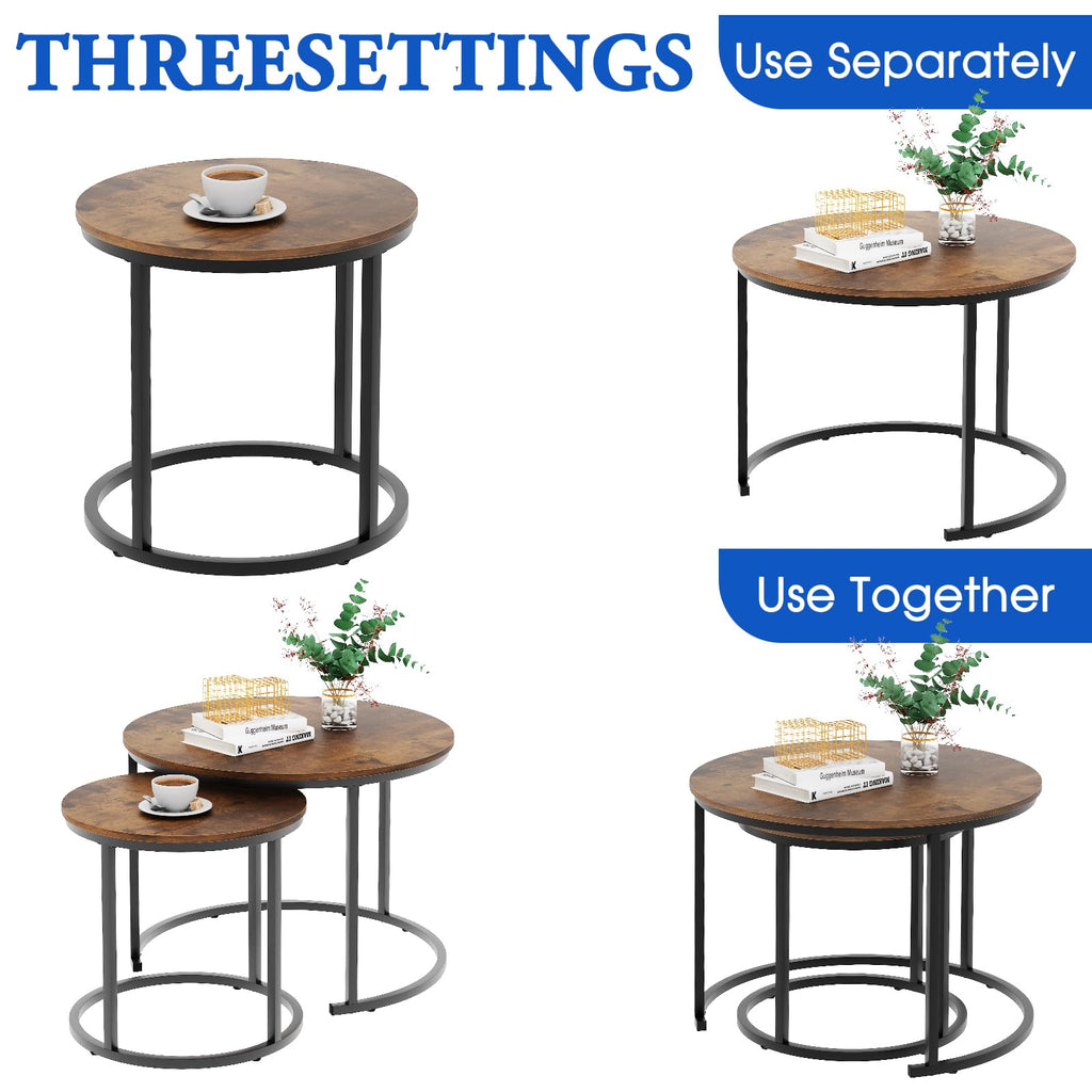 Coffee Nesting Round Set of 2 Side with Sturdy Metal Frame Bedroom Apartment Modern Industrial Simple