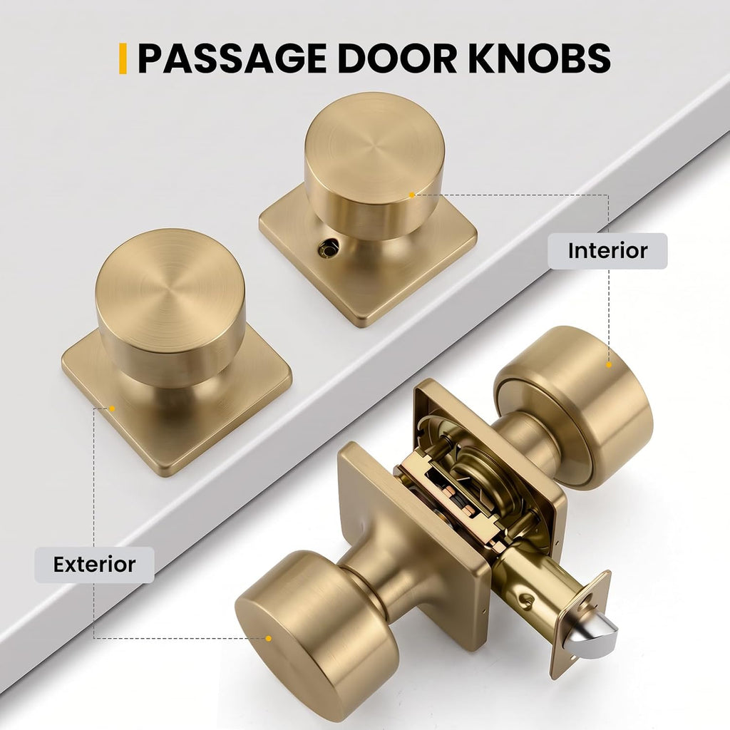 Champagne Bronze Closet Door Knobs, Passage Door Knob Hallway, Champagne Gold Door Knobs Interior No Lock 6 Pack