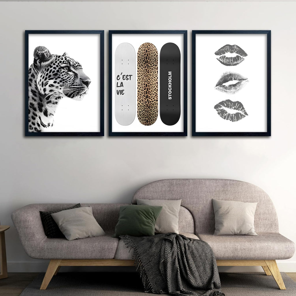 Framed Stockholm Style Canvas Wall Art Set of 3 Black and White Fashion Leopard Print Lips, Preppy Room Aesthetic