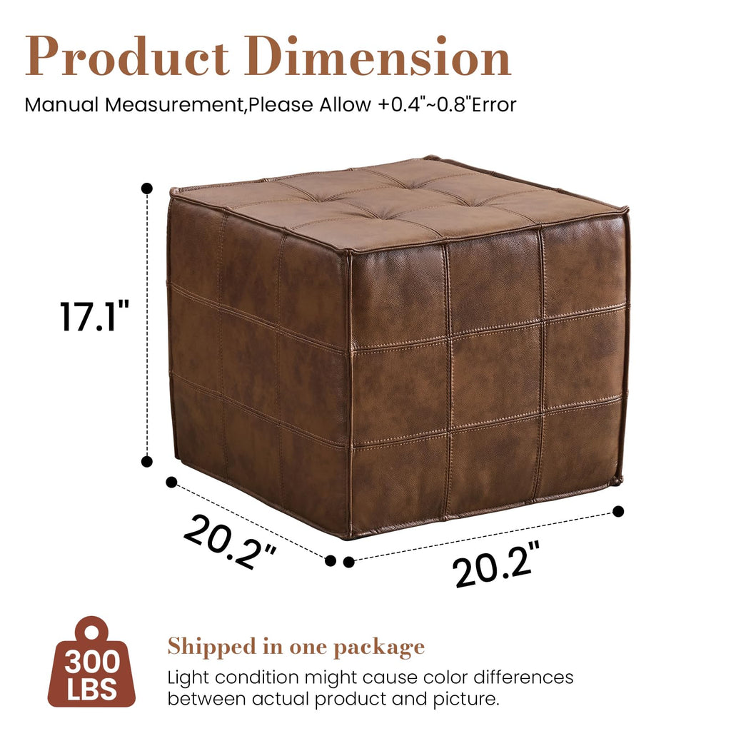 Square Genuine Leather Pouf Ottoman, No-Assembly Modern Footrest (Brown)