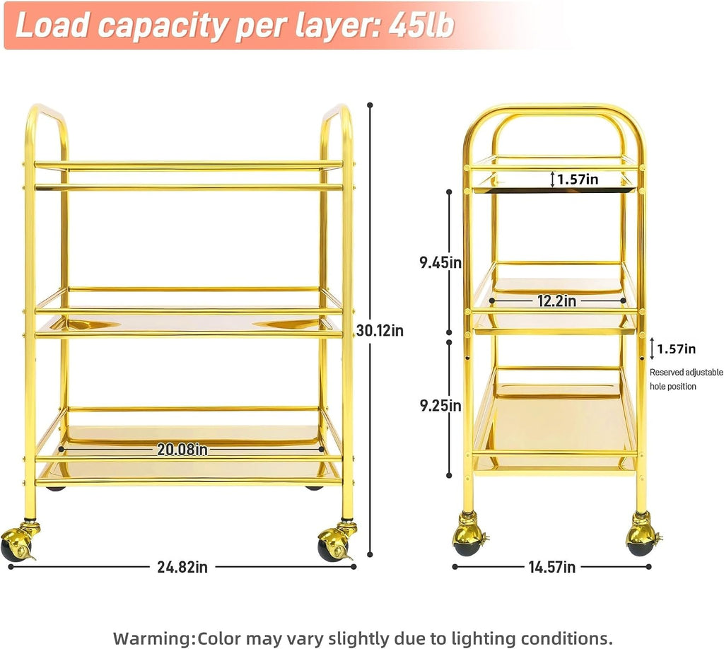 3-Tier Gold Stainless Steel Bar Cart with Lockable Wheels,Home bar | Wheels upgrated,Electroplated golden