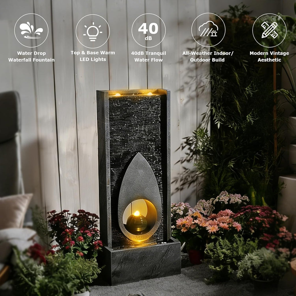 46.5’’Tall Modern Water Fountain Indoor Outdoor Waterfall Feature Floor Standing with Sphere and LED Lights
