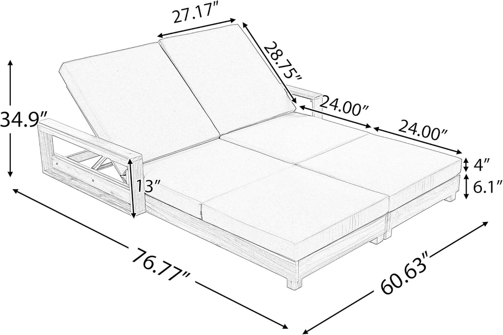 Acacia Wood Chaise Lounge Chair Outdoor, Spacious Double Outdoor Chaise Lounge with 3-Fold Cushions, 4 Position