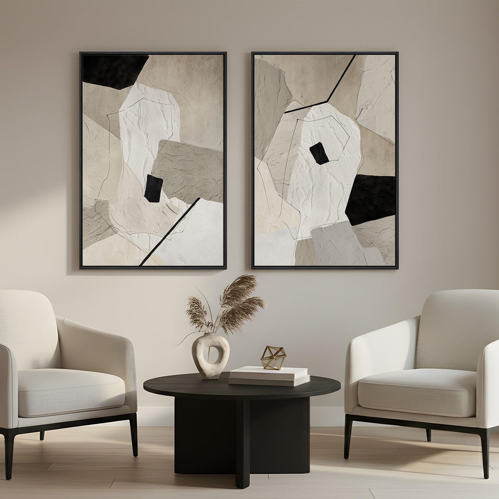 Framed Neutral Black and Beige Abstract Wall Art, 24x36 In