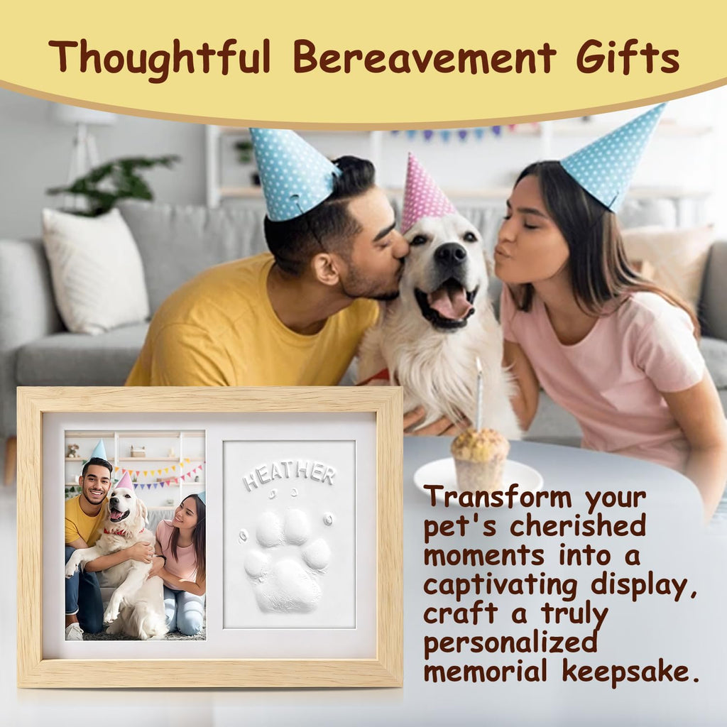 Pet Memorial Frame for Dogs and Cats, Pet Paw Print Photo Frame with Clay Imprint Kit, Pawprint Making Kit and Photo
