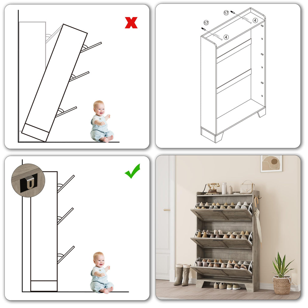 Shoe Storage Cabinet with 3 Flip Drawers, Freestanding Shoe Organizer Storage with 2 Side Hooks, Farmhouse Hidden