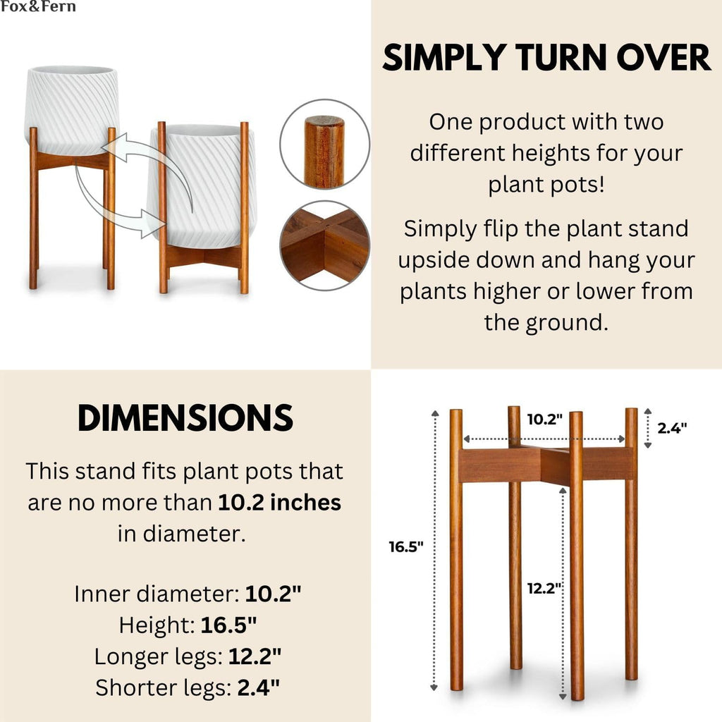 Mid Century Plant Stands for Indoor Planters, Acacia, 10 Inch | Plug In Design, Holds 175 lbs, Two High Options