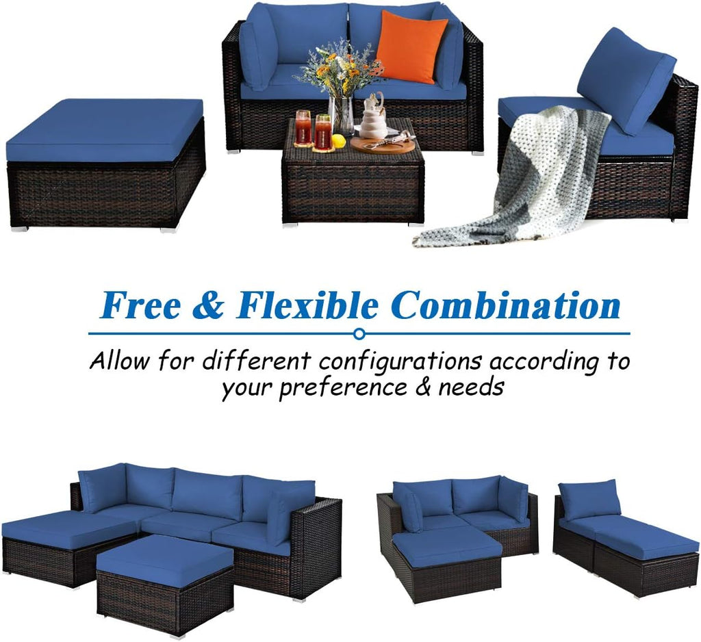 5 Piece Outdoor Patio Furniture Set, Wicker Sectional Rattan Sofa with Cushions, Ottomans and Coffee Table - Navy Blue