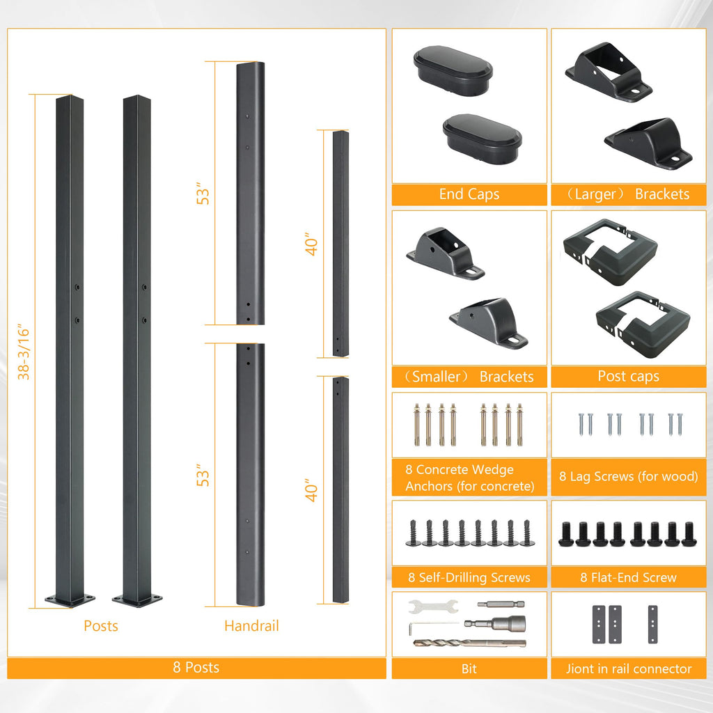 8 Step Handrail, Black Iron Stair Railing, Outdoor Indoor