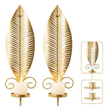 Gold Wall Candle Sconces Set of 2, Taper & Pillar Wall Iron Candelabra, Metal Golden Leaf Decor Sconce Stair Corner