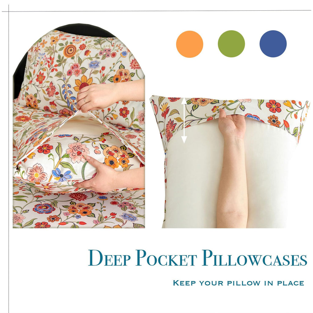 Floral Duvet Cover Set Queen Size 100% Percale Cotton Boho Comforter Cover with Zipper, Soft Breathable, 3Pcs-Not
