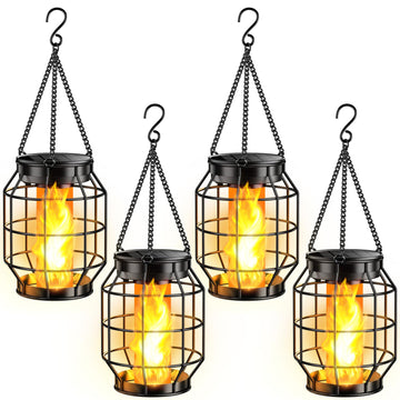 Solar Lanterns Outdoor Waterproof, 4 Pack Upgraded Flickering Flame Hanging Solar Lights Outdoor Decorative, Metal