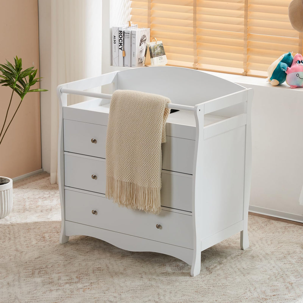 3-Drawer Changing Table, Safety Rails & Strap, Infant Diaper Changing Station with Drawers, Baby Diaper Changing