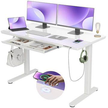 Wireless Charging Glass Standing Desk with Drawers 55×24 Inch