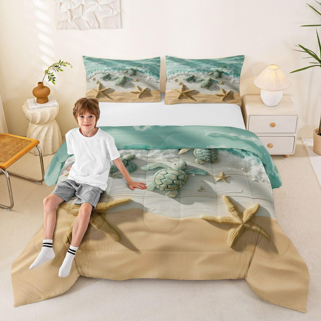 Seaside Beach Bedding Set, Sea Turtle Starfish Comforter Set with 2 Pillowcases, Coastal Ocean Sea Wave Bed