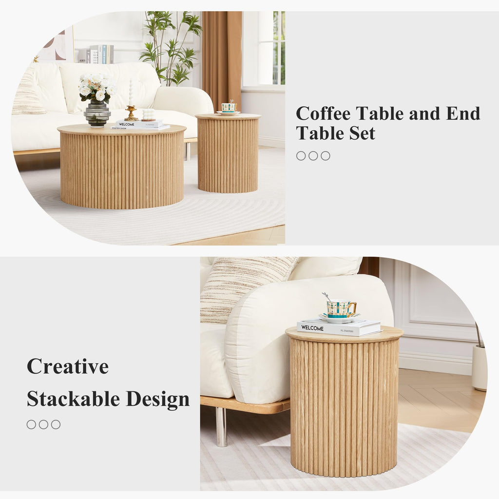 Fluted Round Nesting Coffee Table Set of 2 Circle Center Tables Living Room