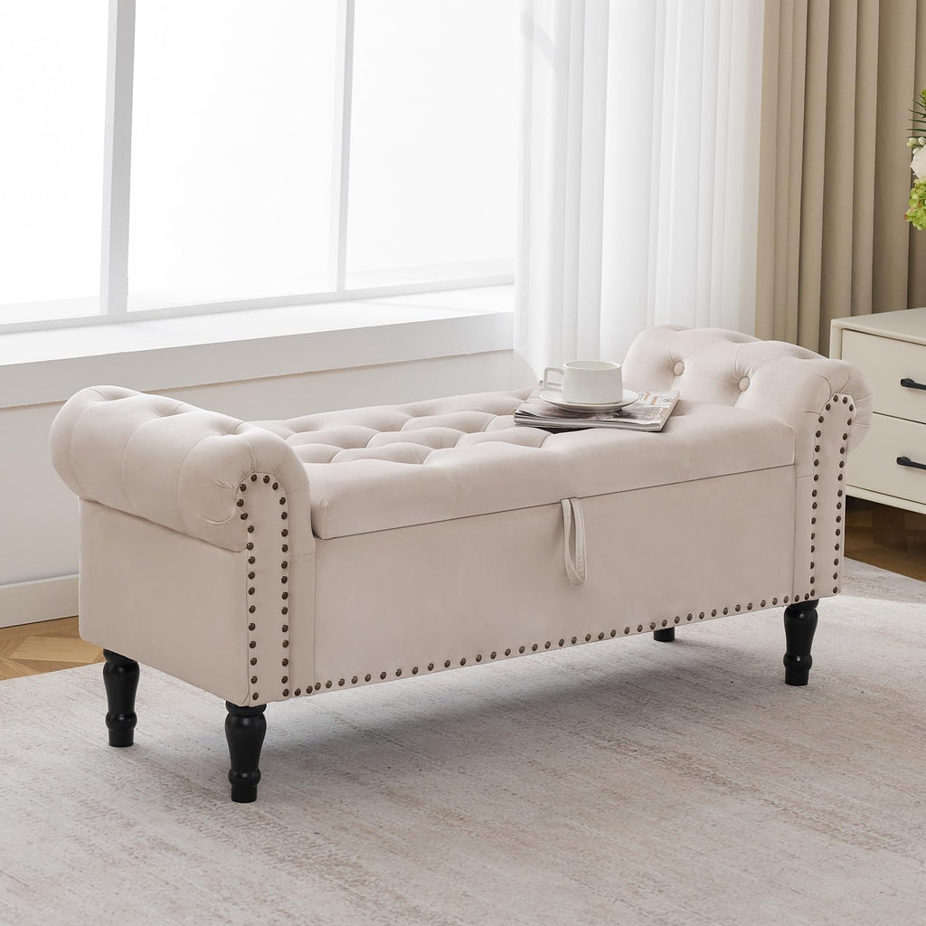 End of Bed Storage Bench Queen Size, 51'' Storage Bench End of Bed, Upholstered Velvet Tufted Storage Ottoman Benches