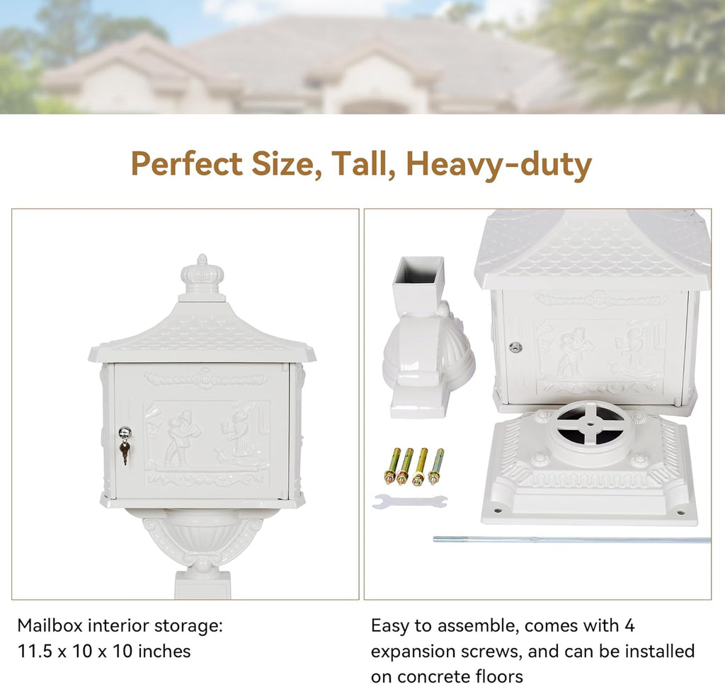 Mailboxes Package Drop Box, Rustproof Cast Aluminum Mail Boxes Outside, Secure Parcel Delivery Box Mailbox (White)