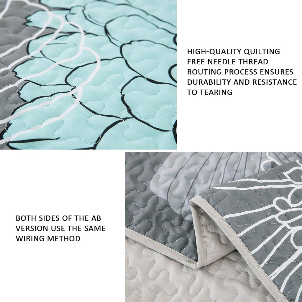 Green Floral Queen Quilt Set - 3 Pieces Boho Flower Quilt Coverlet Elegant Bohemian Bedspread with 2 Pillowcases Soft