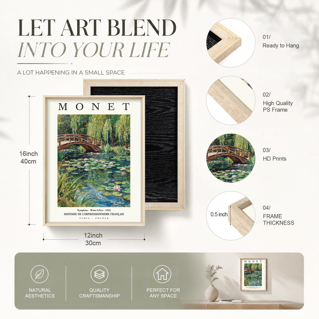 Monet Water Lilies Impressionist Framed Canvas Wall Art Set, Sage Green Monet Pond Watercolor Floral Botanical Wall