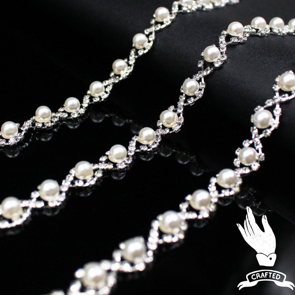 Pearl Trim Chain Rhinestone Silver String Crystal Applique Fringe Ribbon Strips Beads Sewing Dress DIY Party - 1 Yard