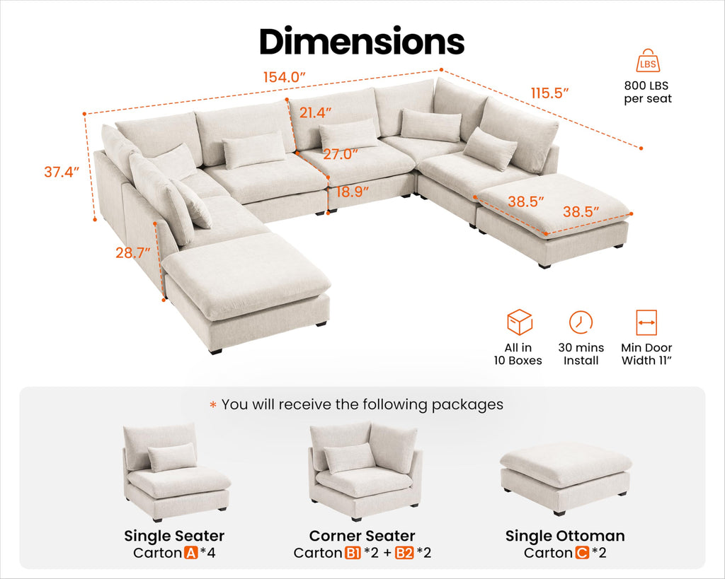 154" Oversize Chenille Modular Sectional Sofa Couches, White