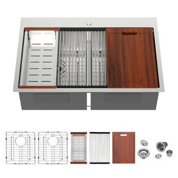 33 Inch Double Bowl Kitchen Sinks - 33 x 22 Drop Sink Double Bowl Workstation 16 Gauge Stainless Steel Topmount Sink