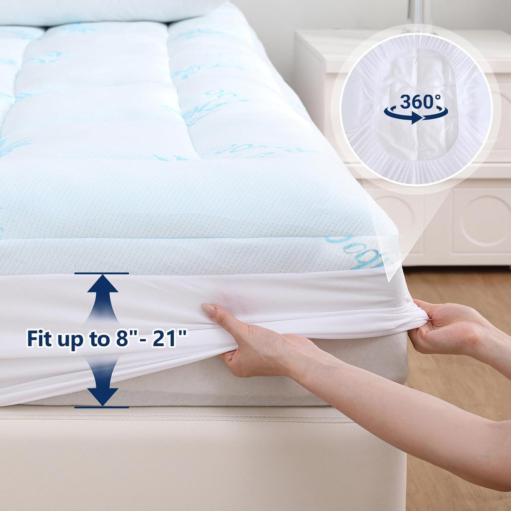 100% Waterproof Full Mattress Topper, Viscose Derived from Bamboo | Cooling Pillow Top Memory Foam Mattress Topper