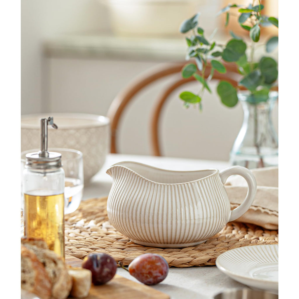 Gravy Boat with Saucer Stand, 24oz Ceramic Sauce Boat, Off-White, Stripes