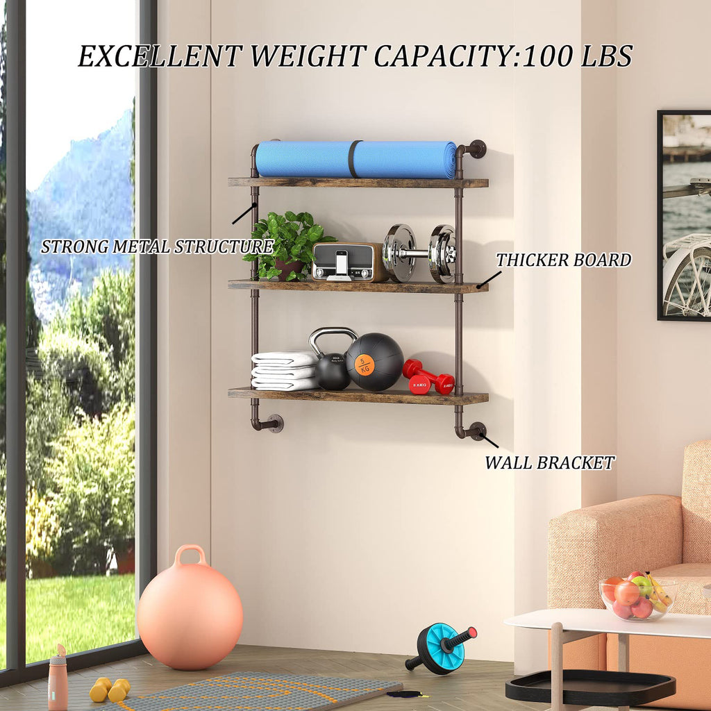 3 Tier Industrial Pipe Shelf Rustic Wood Floating Shelves, Wall Display Bookshelf, Storage Rack Sundries Holder Office