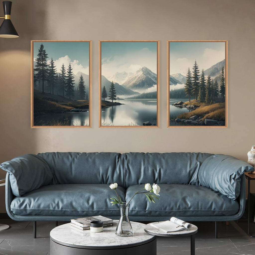 Large Mountain Misty Forest Framed Canvas Wall Art, Nature Ridge Foggy Wall Decor, Snow Lake Woodland Wall