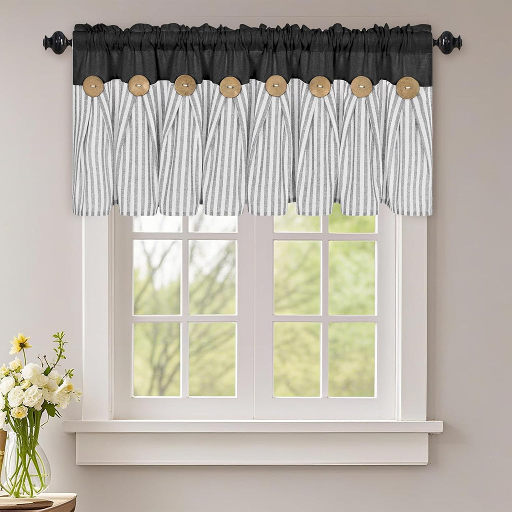 Cotton Linen Kitchen Valance Curtains, Boho Rustic Button Linen Valances for Windows Farmhouse, Black with Grey