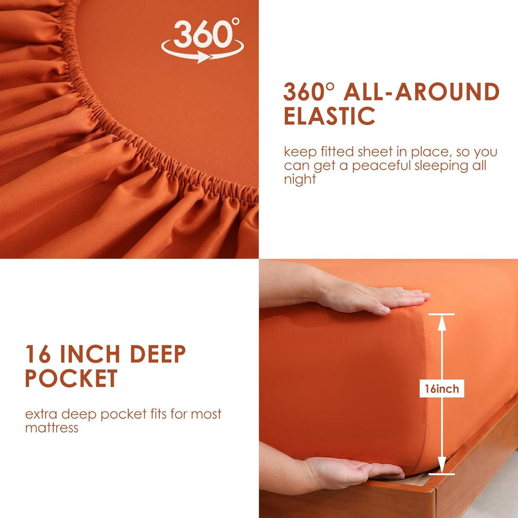 Orange King Sheet Set with Side Storage Pocket, 4 Piece Soft Microfiber Bed Sheets Deep Pocket Corner Straps