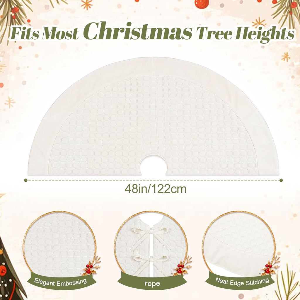 48 Inch Velvet Christmas Tree Skirt Quilted Tree Skirt, Cream