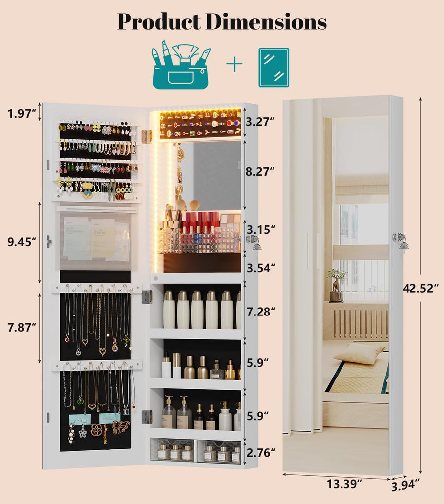 LED Mirror Jewelry Cabinet, Over Door/Wall Mounted Jewelry Organizer